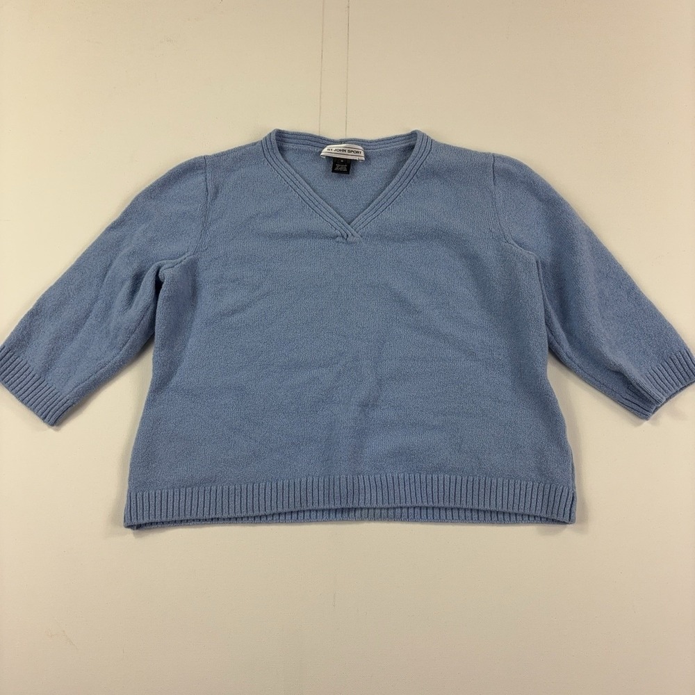St. John Sport Sweater Womens M Blue V Neck 3/4 Sleeve Logo Knit Wool Blend